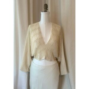 Asos Ivory Pearl Neutral V-Neck Crop Women's Embellished Top w/ Batwing Sleeves